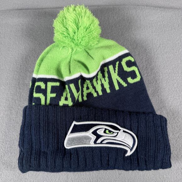 Seattle Seahawks Hat Beanie Mens One Size Blue Green NFL Football Pom Cuffed - Picture 1 of 6